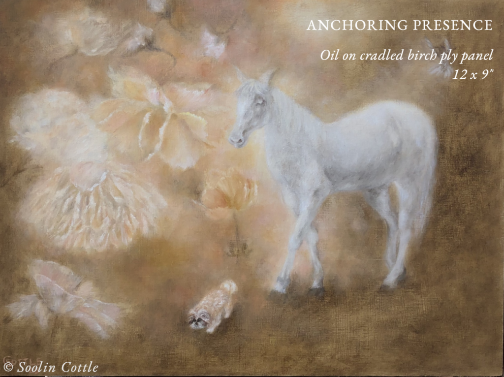 oil painting of a horse, flowers and a dog