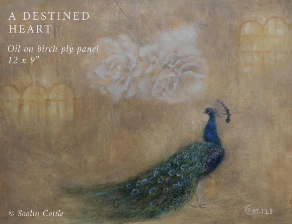 oil painting of a peacock and roses