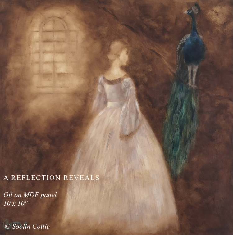 oil painting of a lady and a peacock on a branch