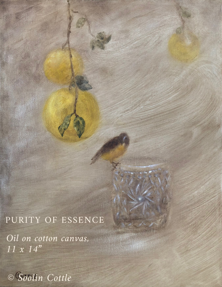 oil painting of a bird and grapefruits