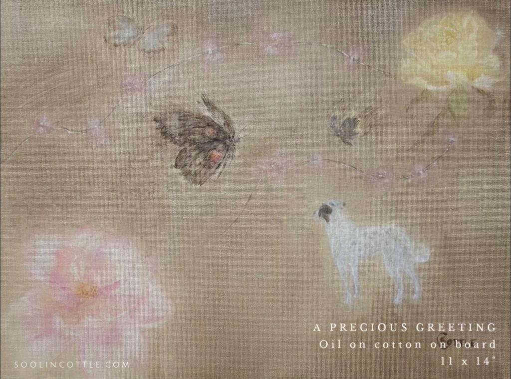 oil painting of a dog, butterfly and flowers