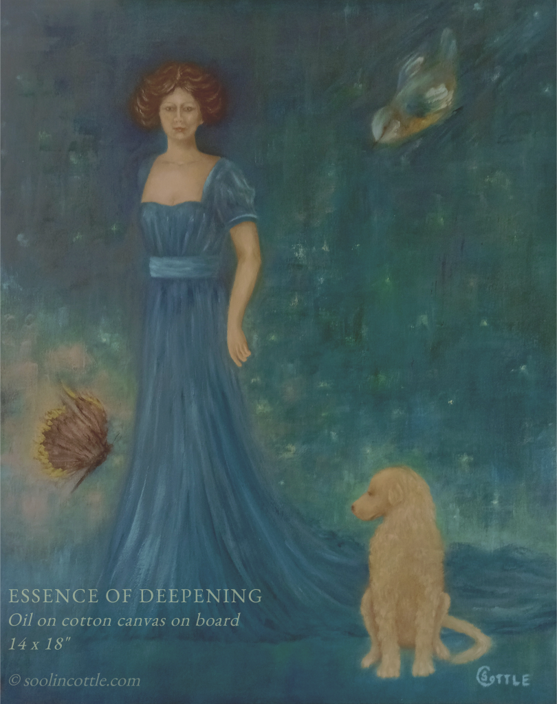 oil painting of a figure with a butterfly, bird and a dog.