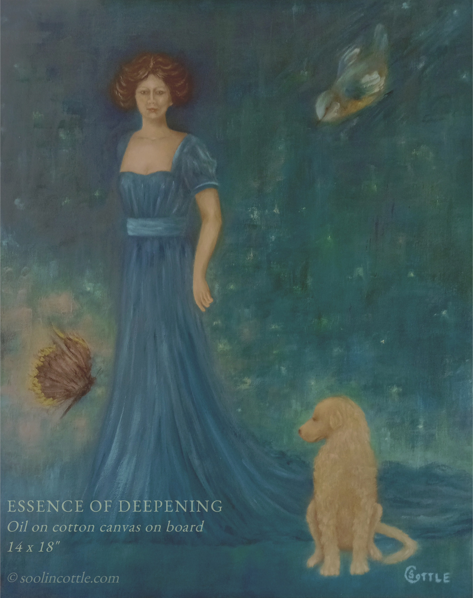 oil painting of a figure with a butterfly, bird and a dog.